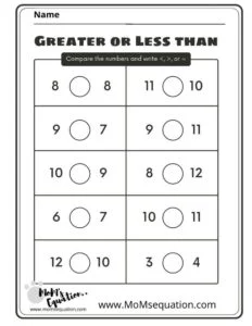 Greater than less than worksheets for kindergarten|momsequation.com