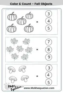 Color & Count worksheets with fall objects |momsequation.com