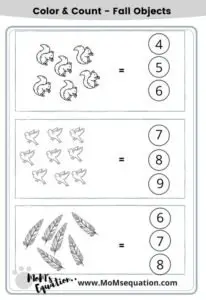 Color & Count worksheets with fall objects |momsequation.com