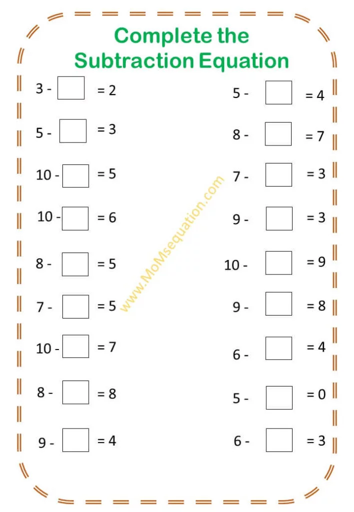 Subtraction worksheets for kindergarten|momsequation.com