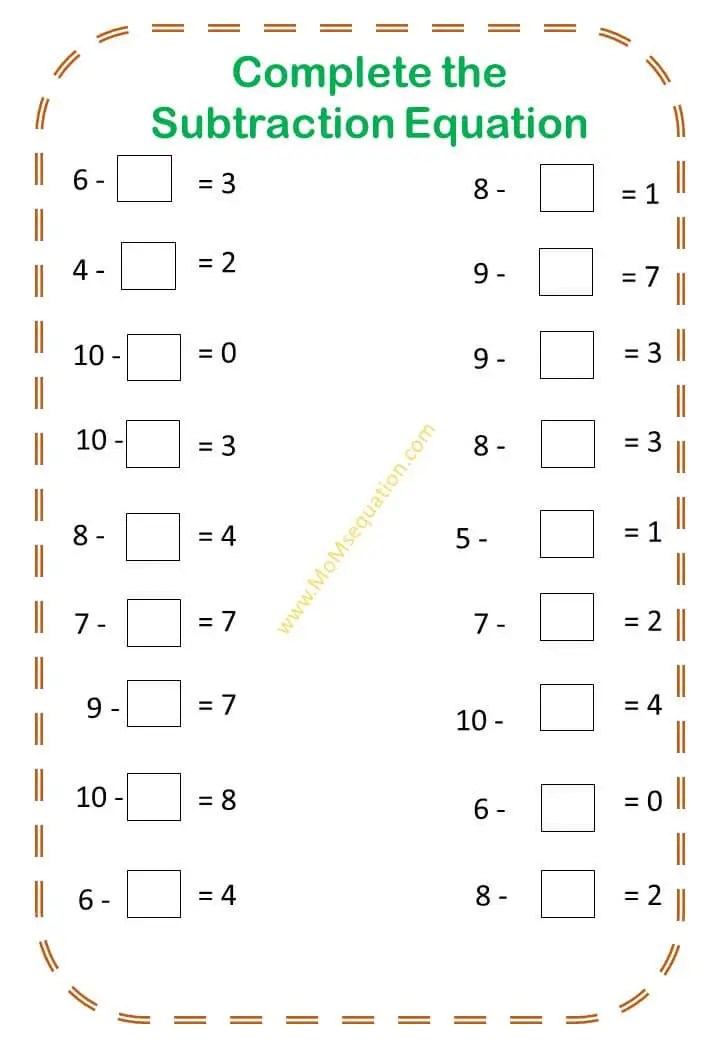subtraction worksheets for kindergarten make an equation