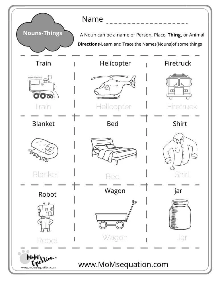 Nouns worksheets with Pictures - Free Booklet For k,1,2 grades -  Mom'sEquation