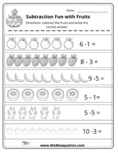 Subtraction worksheets with fruit fun|momsequation.com