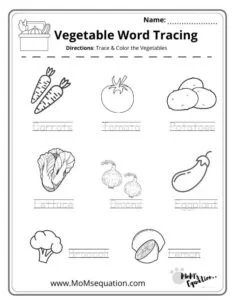 Vegetable word tracing worksheets |momsequation.com
