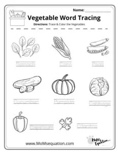 Vegetable word tracing worksheets |momsequation.com