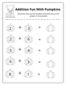 Pumpkin addition worksheets for kindergarten| momsequation.com