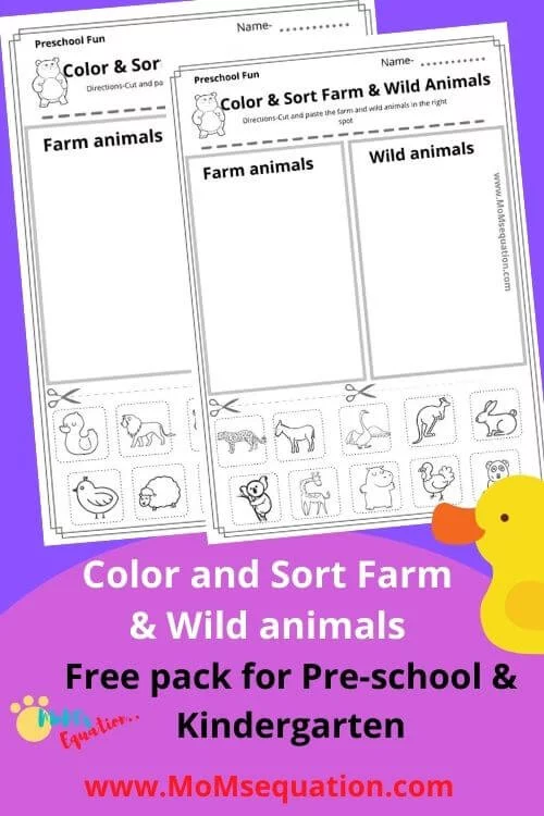 Color & Sort The Farm And Wild Animals - Free Worksheet Pack - Mom'sEquation