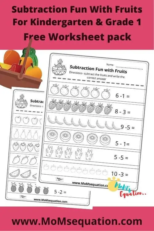 Subtraction worksheets with fruit fun|momsequation.com