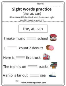 Fill in the sight words worksheets|momsequation.com