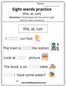 Fill in the sight words worksheets|momsequation.com