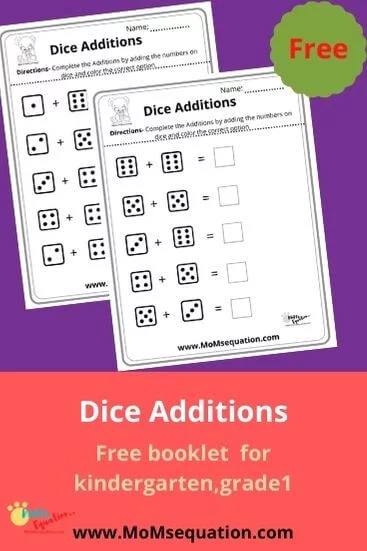 Dice Addition worksheets for kindergarten|momsequation.com