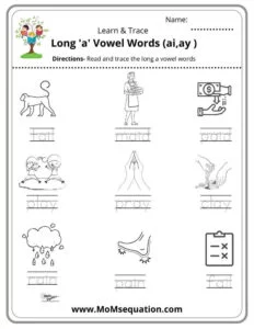 Every worksheet includes different combinations of CVC words like(ai,ay) By the end of the practice, children will get a clear idea about CVC Long A words