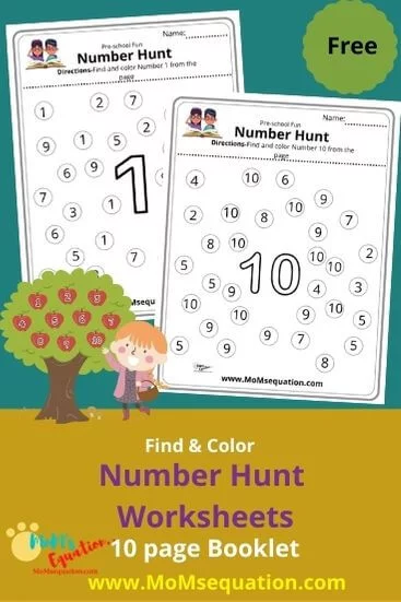 Number hunt preschool worksheets|momsequation.com
