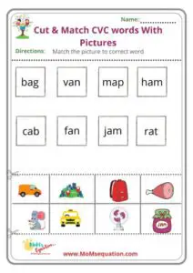 CVC words with pictures worksheets|momsequation.com