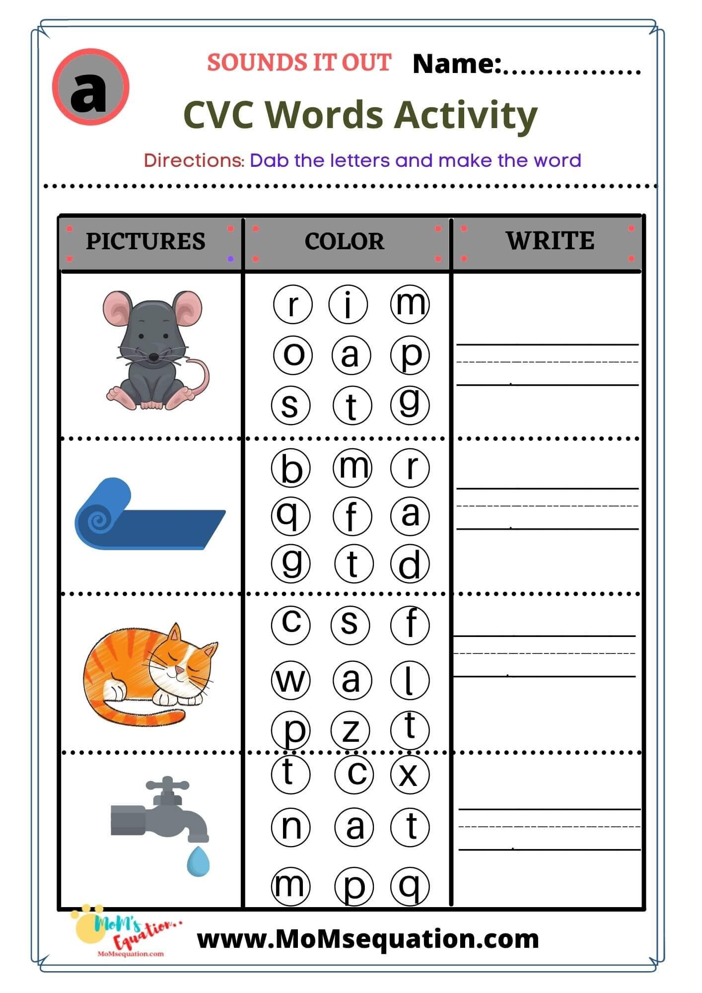 Phonics Activitiy Pack - Cvc Words For Kindergarten - Dab It!! - Mom 