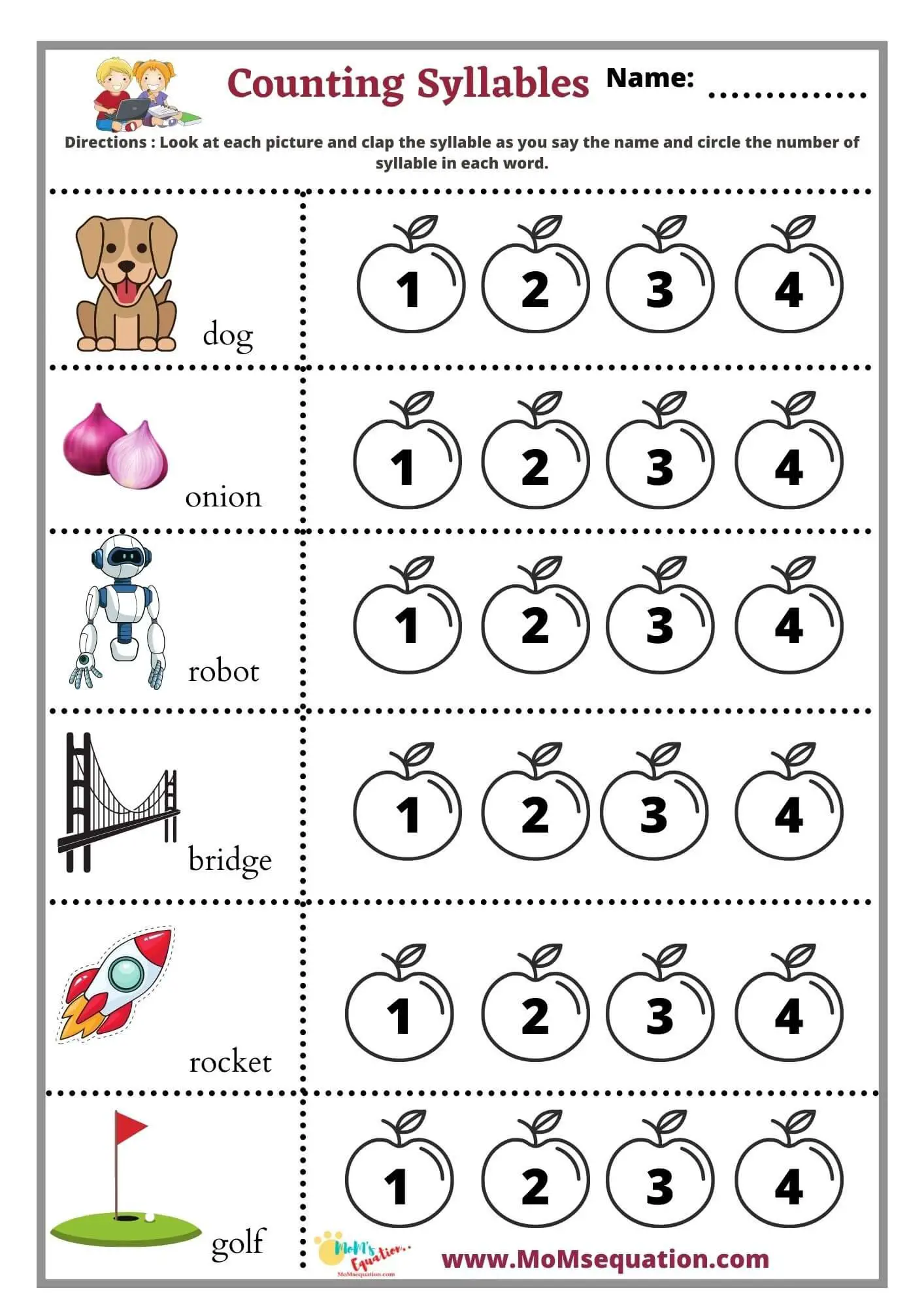 Counting Syllables worksheets-phonics activity free pdf - Mom With Syllables Worksheet For Kindergarten