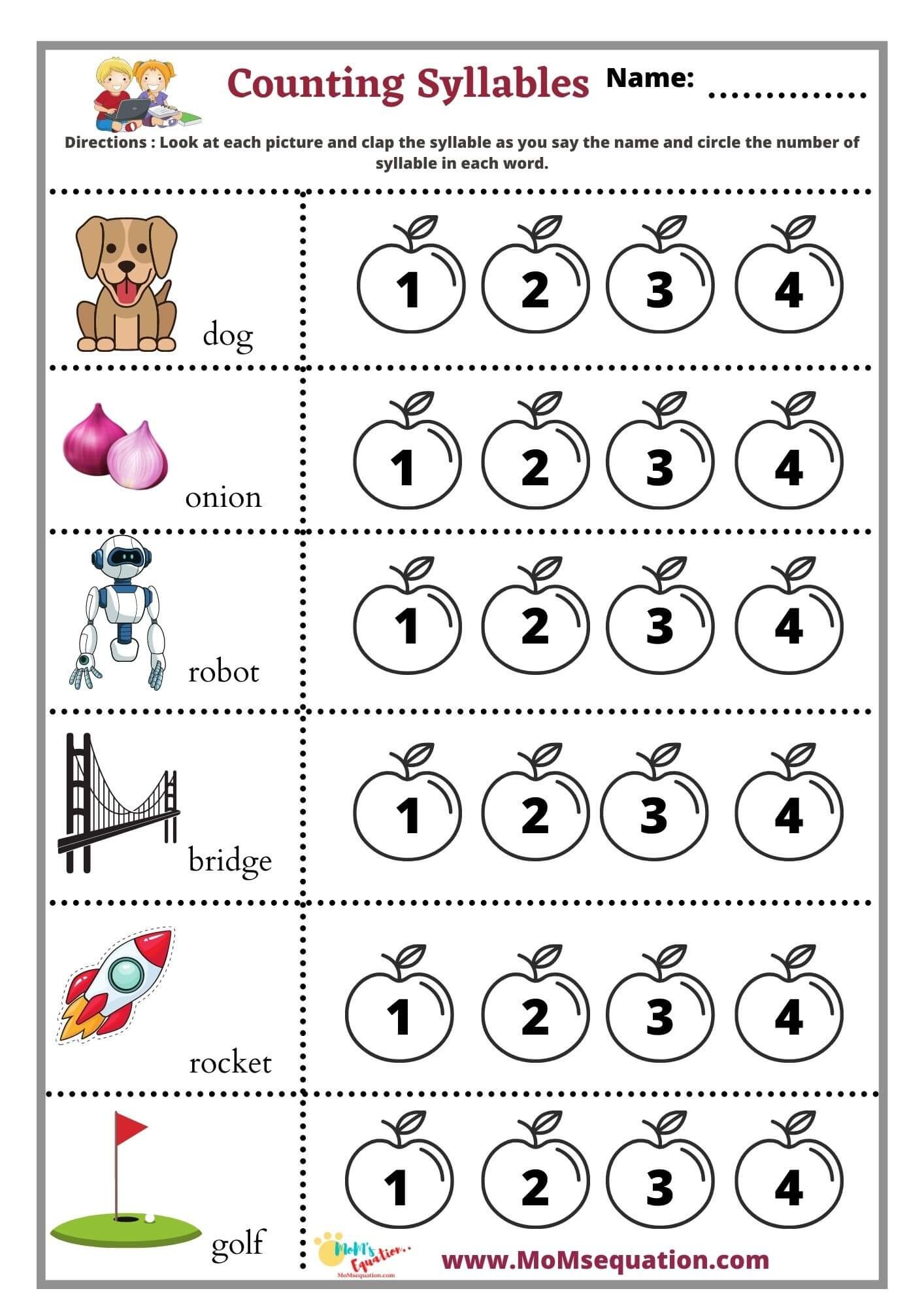 free kindergarten counting syllables worksheets