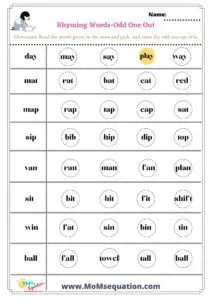 Non Rhyming Words Worksheets|MoMsequation.com