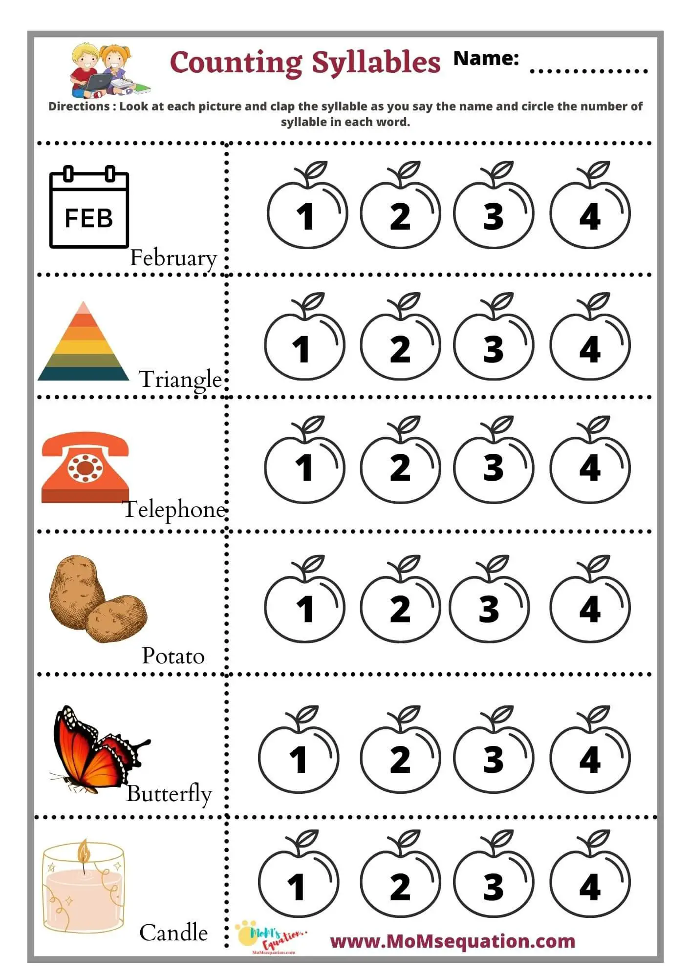 Counting Syllables worksheets phonics activity free pdf Mom sEquation