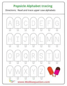 Popsicle alphabet tracing worksheets|www.MoMsequation.com