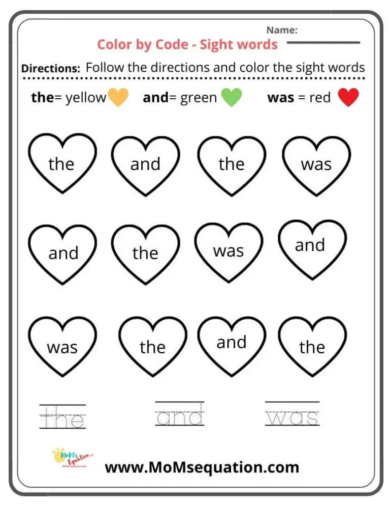 Color By Code Kindergarten Sight Words - Mom'sEquation