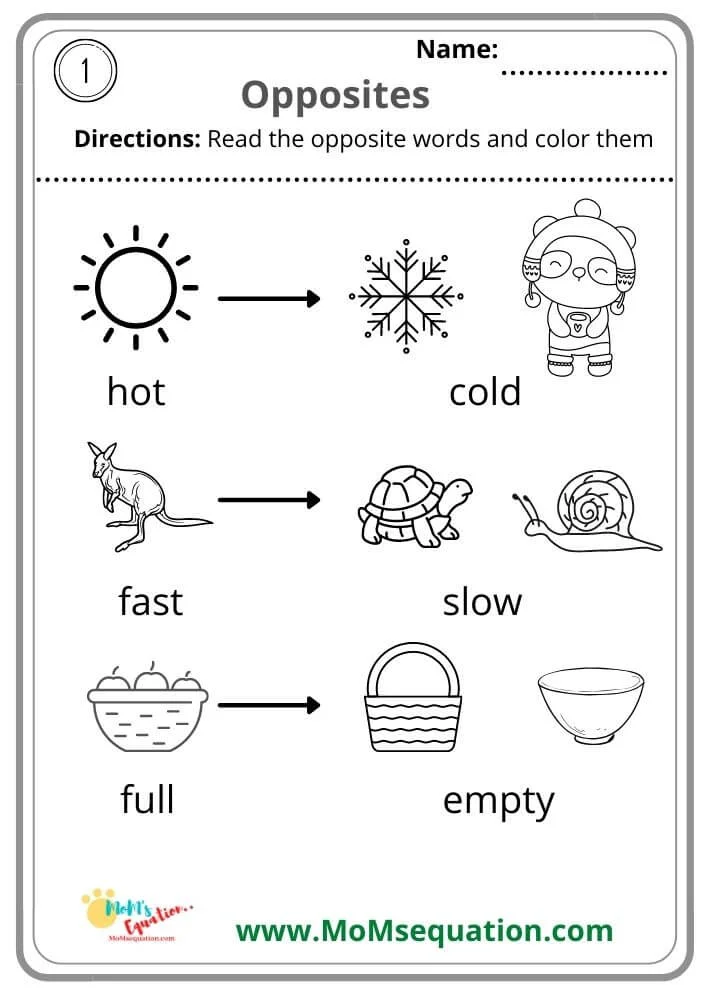 Pre-school Opposites Printable Worksheets - Free - Mom'sEquation