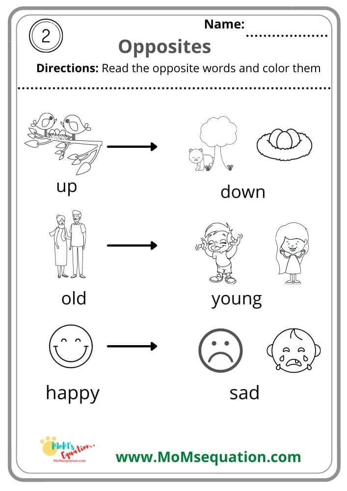 Pre-school Opposites Printable Worksheets - Free - Mom'sEquation