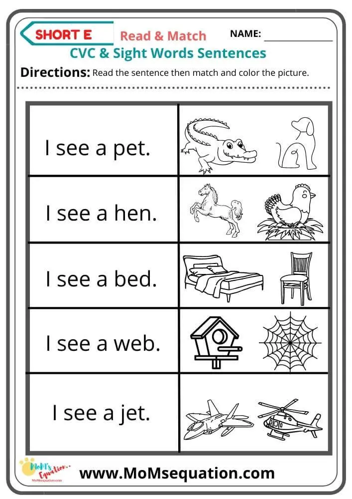 CVC Word Fluency Sentences Worksheets For Kindergarten - Mom'sEquation