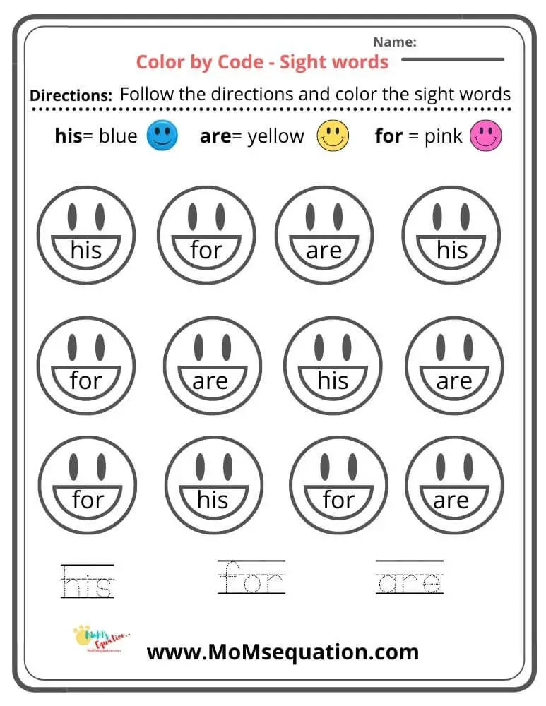 Color By Code Kindergarten Sight Words - Mom'sEquation