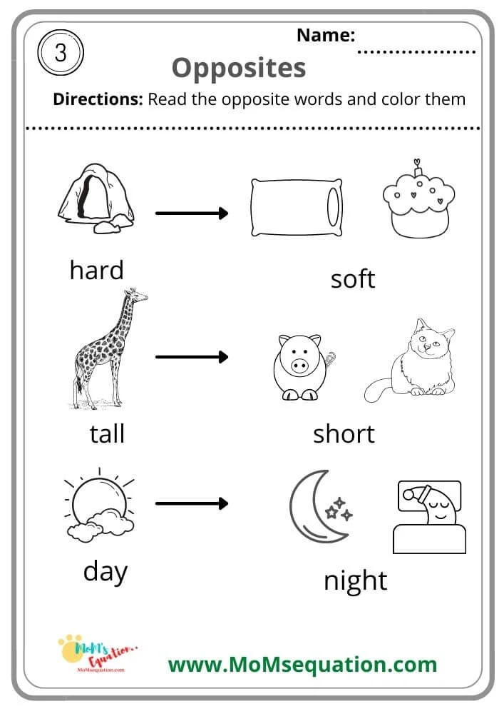 Pre-school Opposites Printable Worksheets - Free - Mom'sEquation