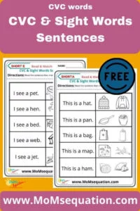 CVC word Fluency Sentences Worksheets |www.MoMsequation.com