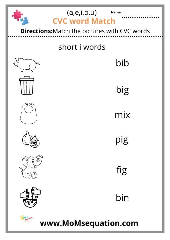 CVC Word Match Worksheets For Kindergarten - Mom'sEquation