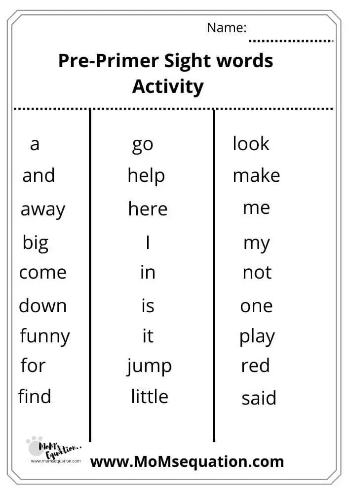 Pre-Primer Sight Words Activity Sheets -16 Page Pdf - Mom'sEquation