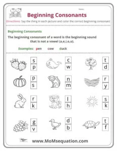 Beginning consonants worksheets|www.MoMsequation.com