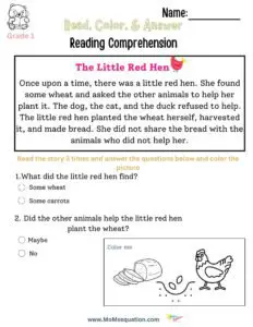 Reading comprehension worksheets for first grade|www.MoMsequation.com