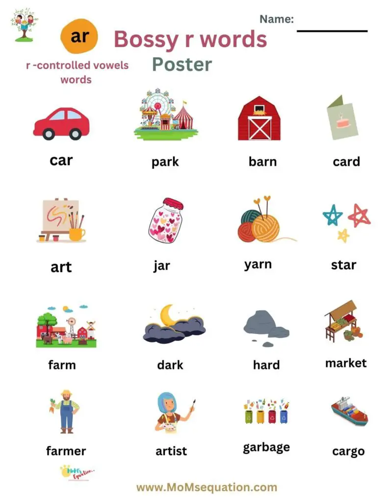 RControlled Vowel Words Or BossyR words Worksheets For Grade 1 and