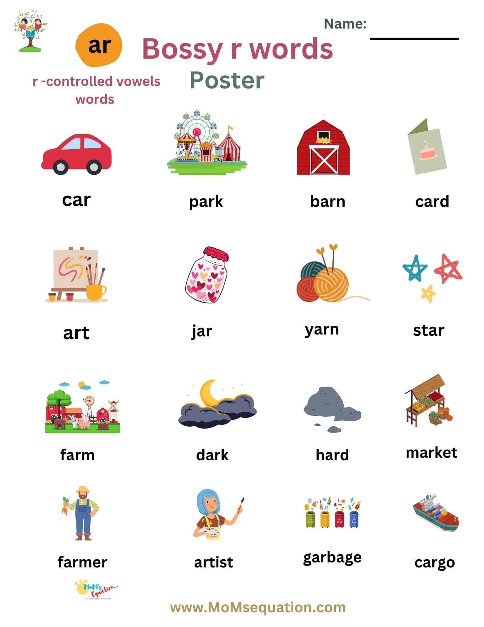 R-Controlled Vowel Words Or Bossy-R words Worksheets For Grade 1 and ...