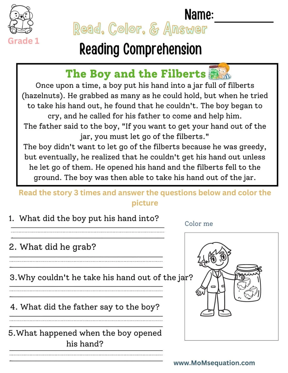 Reading Comprehension Worksheets For First Grade Mom sEquation Reading Comprehension Worksheets For First Grade Mom sEquation