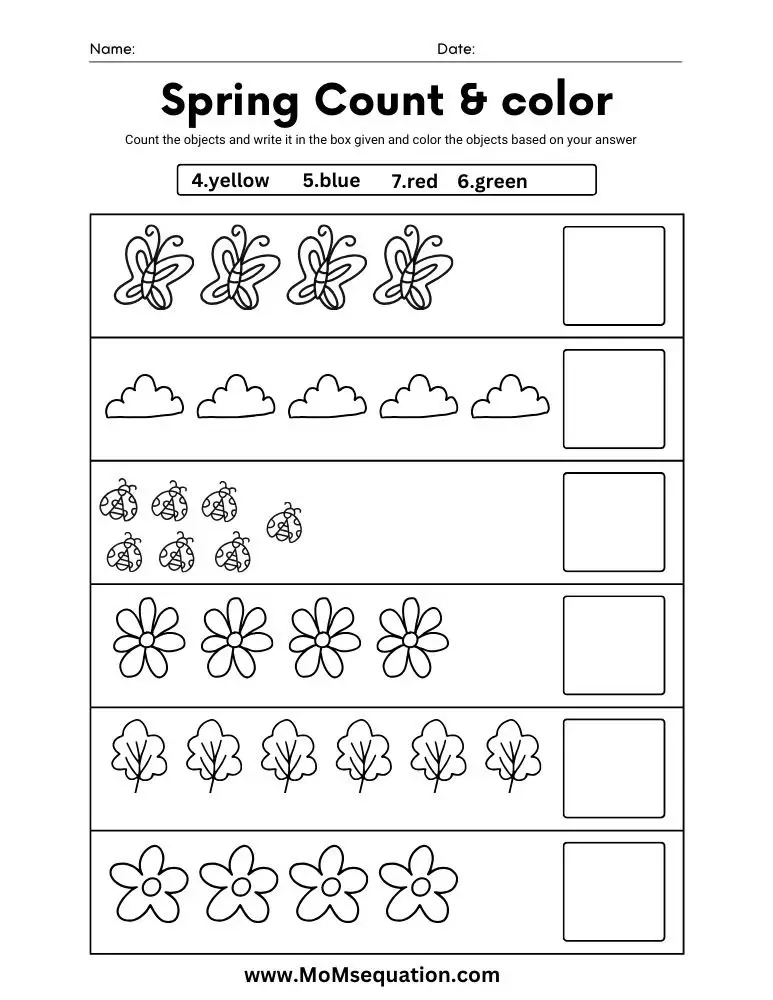 Spring worksheets for preschool-Color and count math worksheets|www.MoMsequation.com