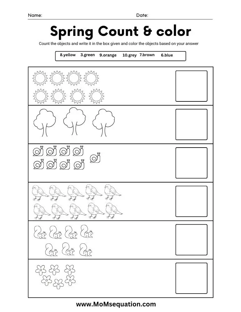 Spring worksheets for preschool-Color and count math worksheets|www.MoMsequation.com