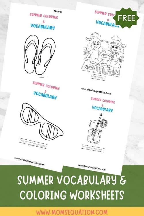 Summer vocabulary and coloring worksheets|www.MoMsequation.com